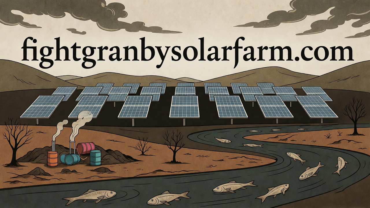 Illustration of rows of solar panels over barren land with toxic waste barrels and dead fish in a polluted stream, captioned fightgranbysolarfarm.com